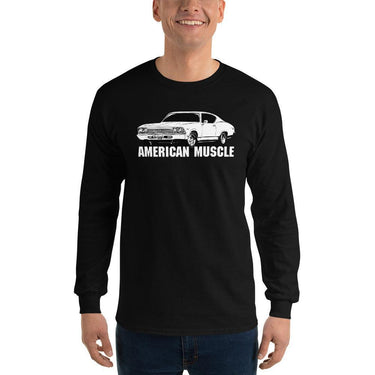 man modeling a 1969 Chevelle Car Long Sleeve T-Shirt in black